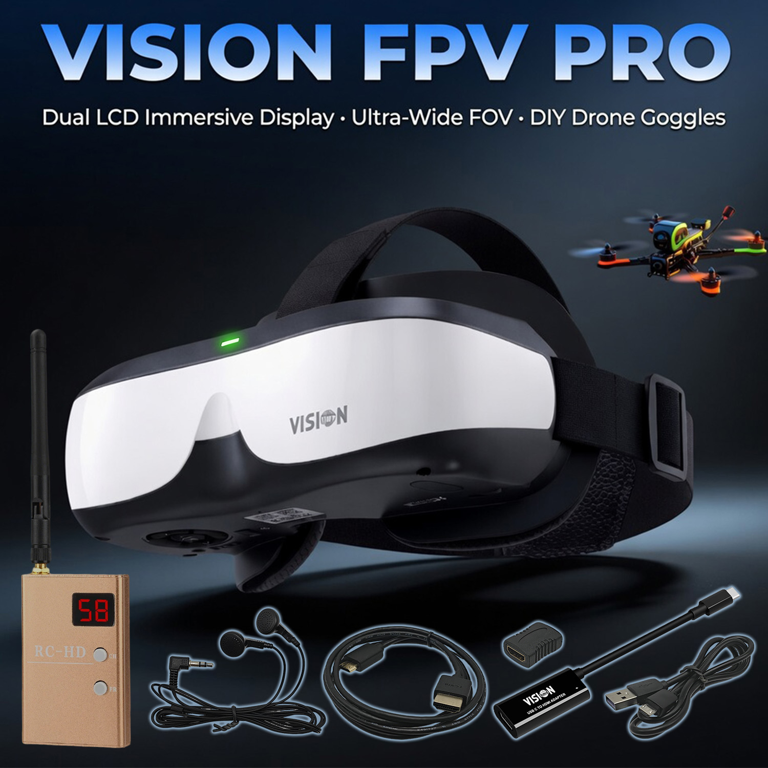 Drone Goggles Dji - แว่นตา FPV, จอแสดงผลแบบติดศีรษะ, เครื่องรับสัญญาณวิดีโอแบบอนาล็อก, หมวกนิรภัยสำหรับการบินระดับเริ่มต้น, แว่นตาแบบไม่ใช่